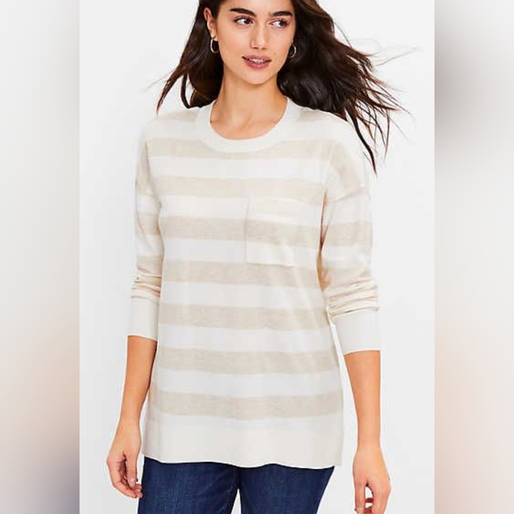 NWT Loft White Tan Striped Old Money Long Sleeve Sweater Womens Size Medium